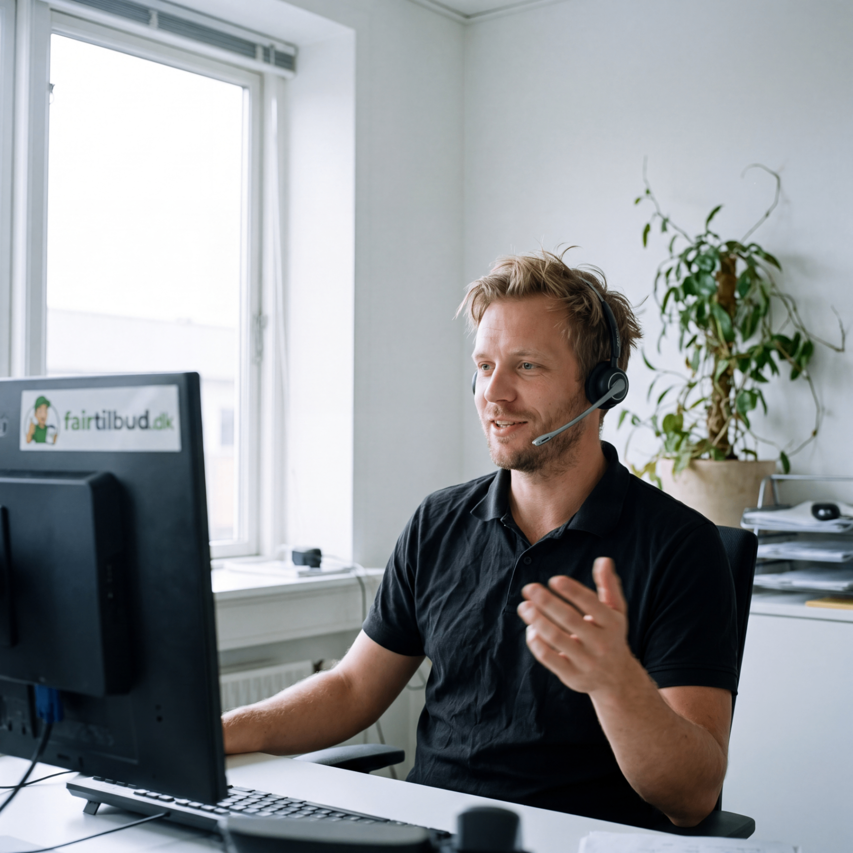 Rådgiver hos fairtilbud.dk taler med en kunde i telefonen